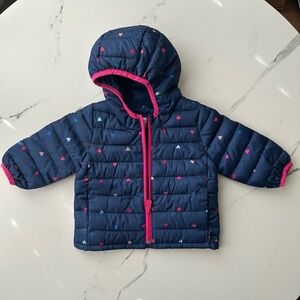 Baby Gap ColdControl Puffer Jacket Navy Heart Print Hooded 6-12M Water Resistant